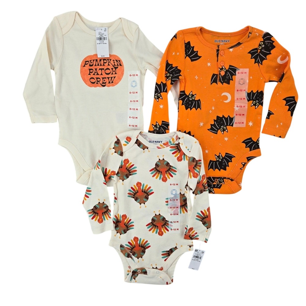 Old Navy NWT 6-12M Holiday Bodysuit 3 Pack Baby Halloween Thanksgiving Seasonal